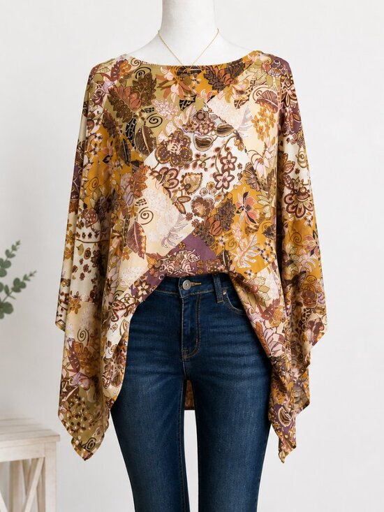 ANDREE BY UNIT Tops - Andre by Unit Boho Floral Patchwork Tunic Flowy Dolman Sleeve Oversized Top Size